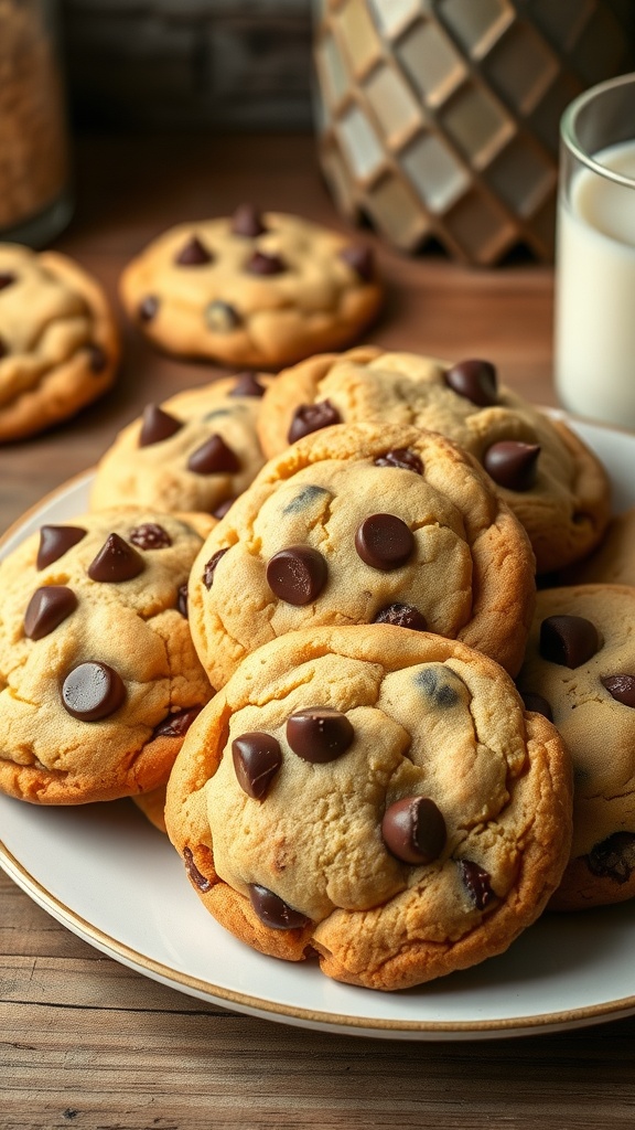 Freshly baked chocolate chip cookies on a plate with a glass of milk.